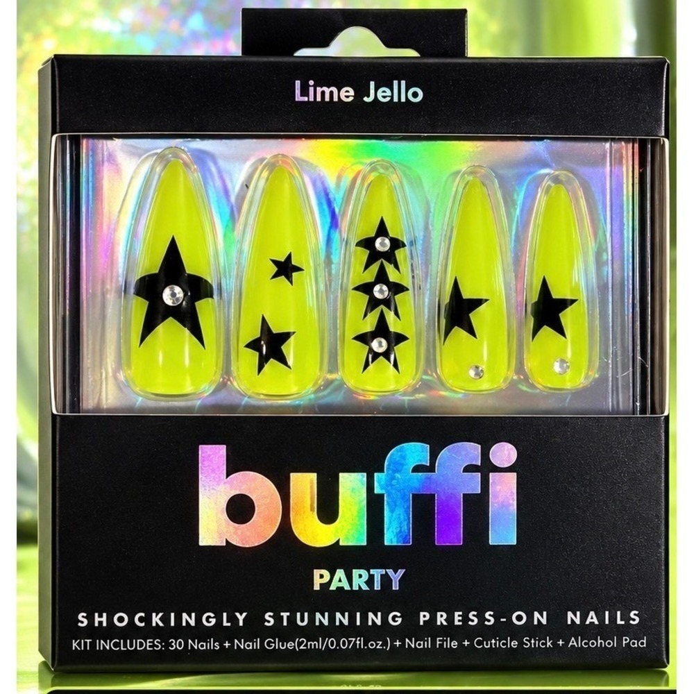 Buffi Party Lime Jello Press-On Nails Neon Yellow Black Stars Rhinestones 30ct